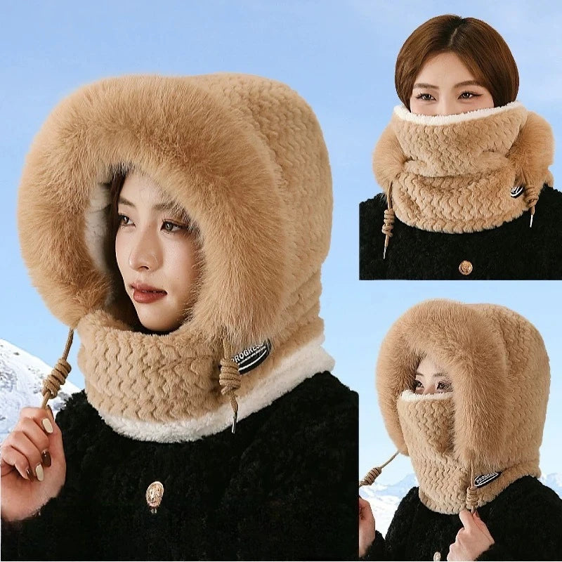 Warm Plush Winter Hat for Women - Thick Hood Ear Protection Scarf Mask Integrated Design Windproof for Riding Outdoor Travel | Wearixx