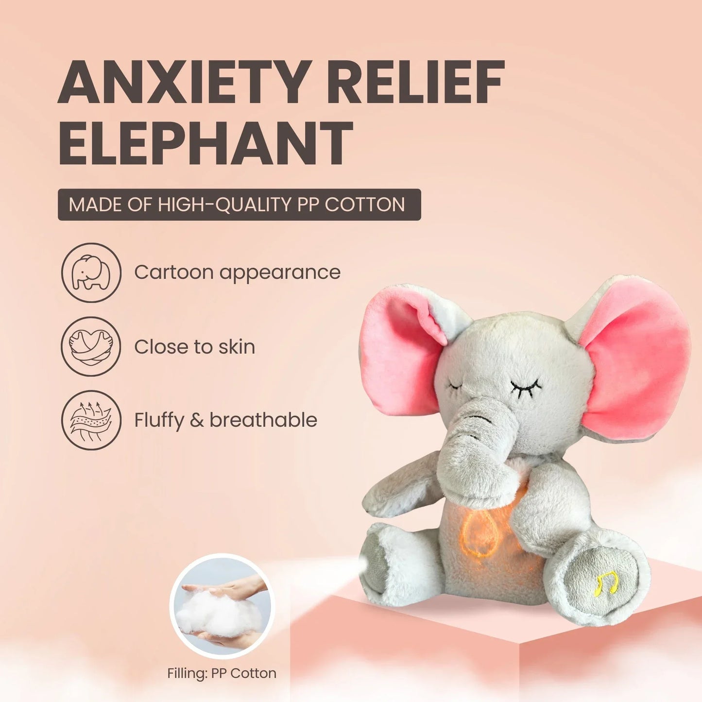 4 Modes Baby Breathing Soothing Elephant Plush Doll Toy - Sleeping Companion Music Light Sensory Stuffed Toy Kids Gift | Wearixx