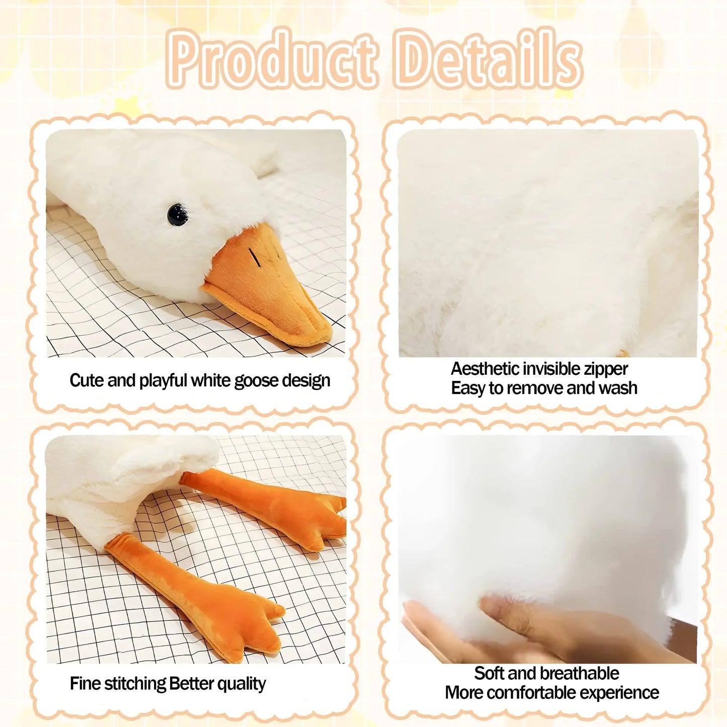 50-190cm Cute Big White Goose Plush Toys - Kawaii Huge Duck Sleep Pillow Cushion Soft Stuffed Animal Doll Birthday Gift for Kids | Wearixx